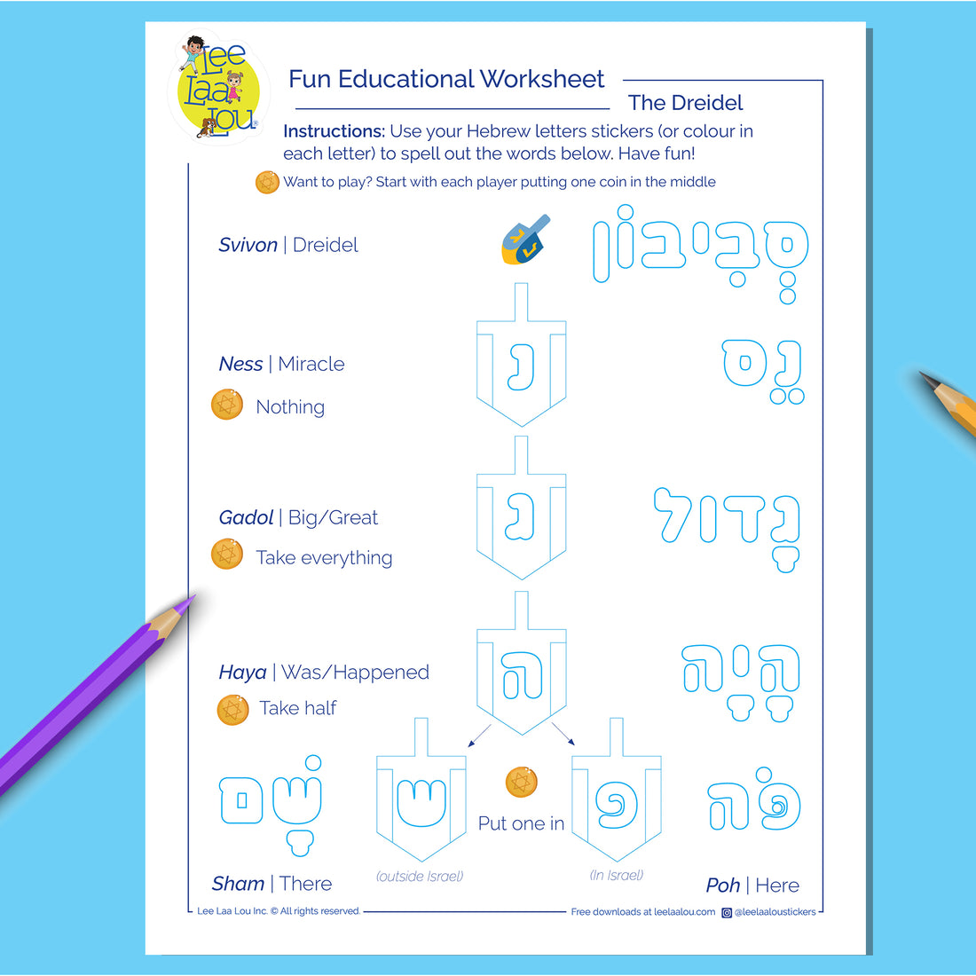 Educational worksheet about the Hebrew letters used in a dreidel game.Hanukkah worksheet for kids , schools, and classrooms.
